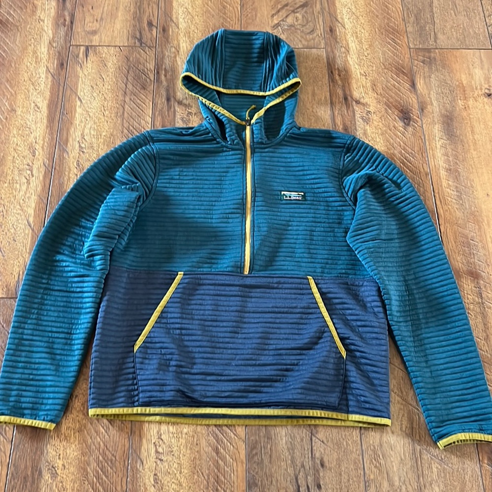 L.L. Bean Teal and Navy Hooded Half-Zip Pullover with Yellow Trim